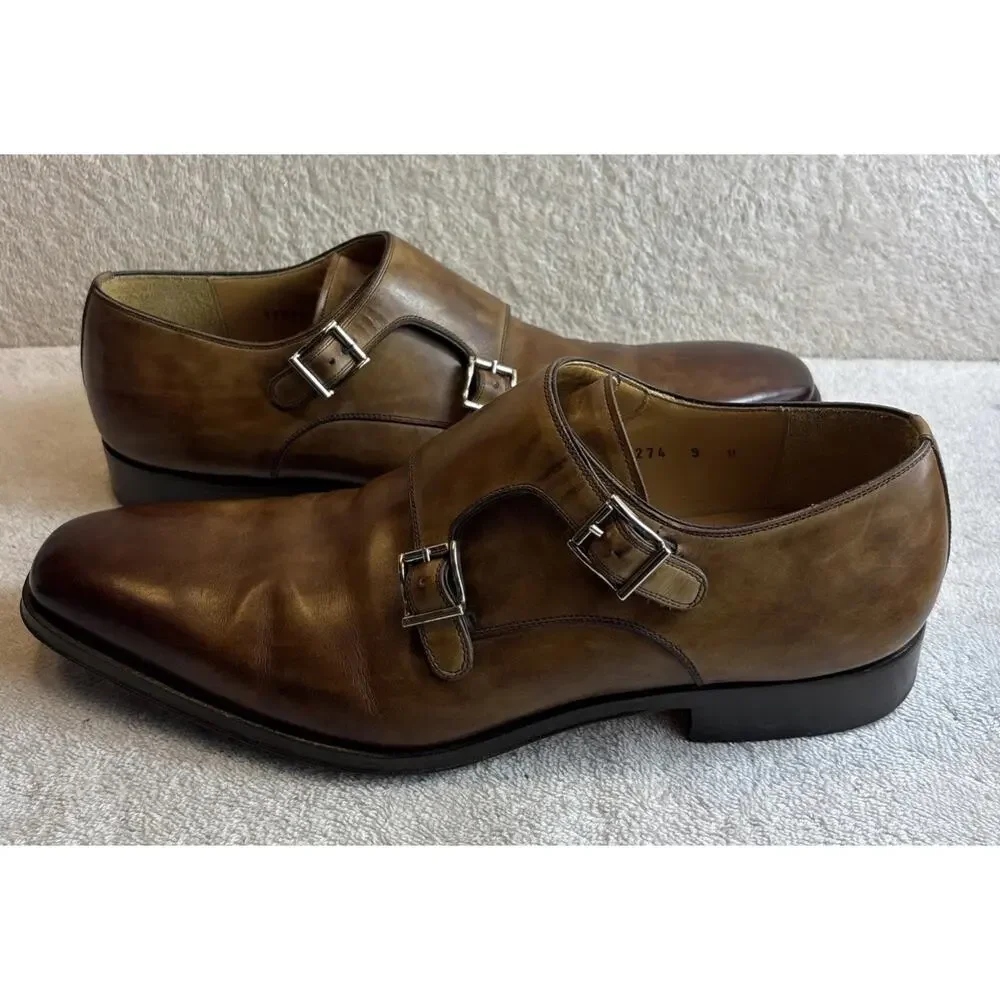 Magnanni Double Monk Strap Brown Leather Dress Shoes Mens Size 9 M